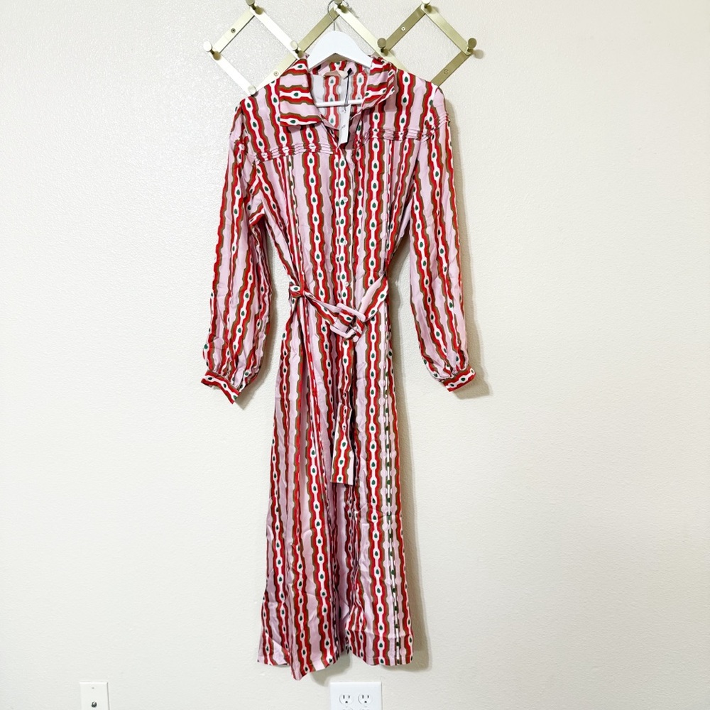 NWT Lisou Alina Silk Twill Pink Red Link Print Belted Button Front Shirt Dress - Picture 2 of 10